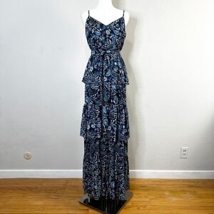 Eliza J Maxi Dress Size 4 Sleeveless‎ Blue Floral Tiered Belted Blouson Dress